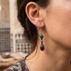 Berber Amazigh Vintage Silver Tone Drop Earrings with Green Purple Stones