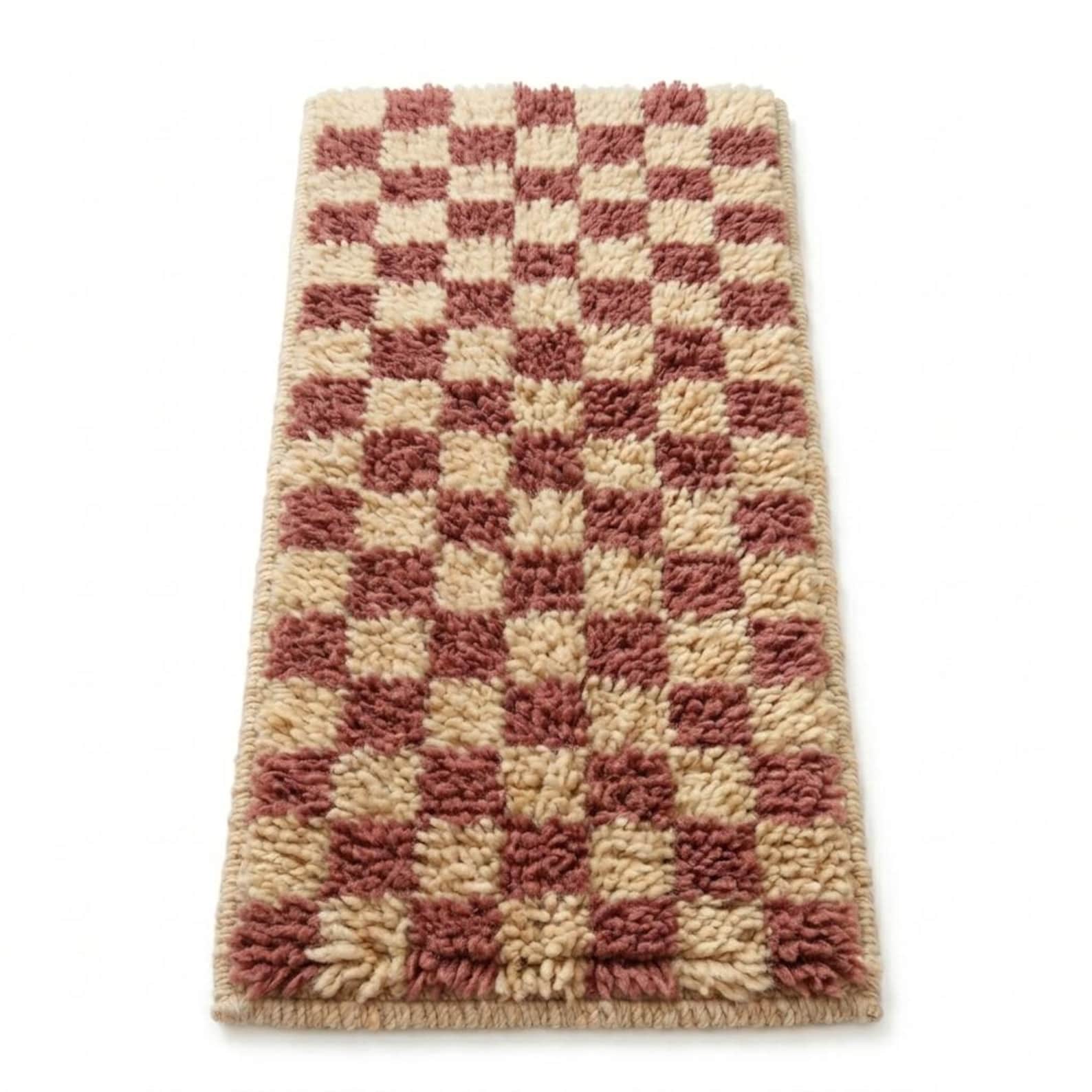 Handwoven Berber Wool Stair Tread Rug Rust Cream Checkerboard