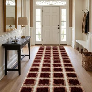 Berber Handmade Ivory Wool Runner Rug with Dark Red Square Pattern