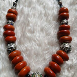 Vintage Amazigh Berber Handmade Red Bead Enameled Silver Necklace