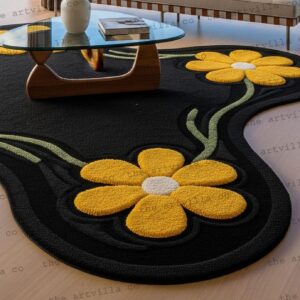 Berber Abstract Handmade Floral Wool Rug Black Yellow Daisy Carpet