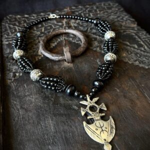Amazigh Berber Tuareg Yaz Cross Pendant Necklace with Black Beads