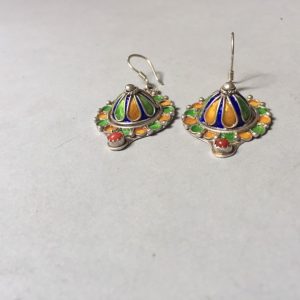 Berber Enamel Silver Earrings with Natural Coral Jewelry Design