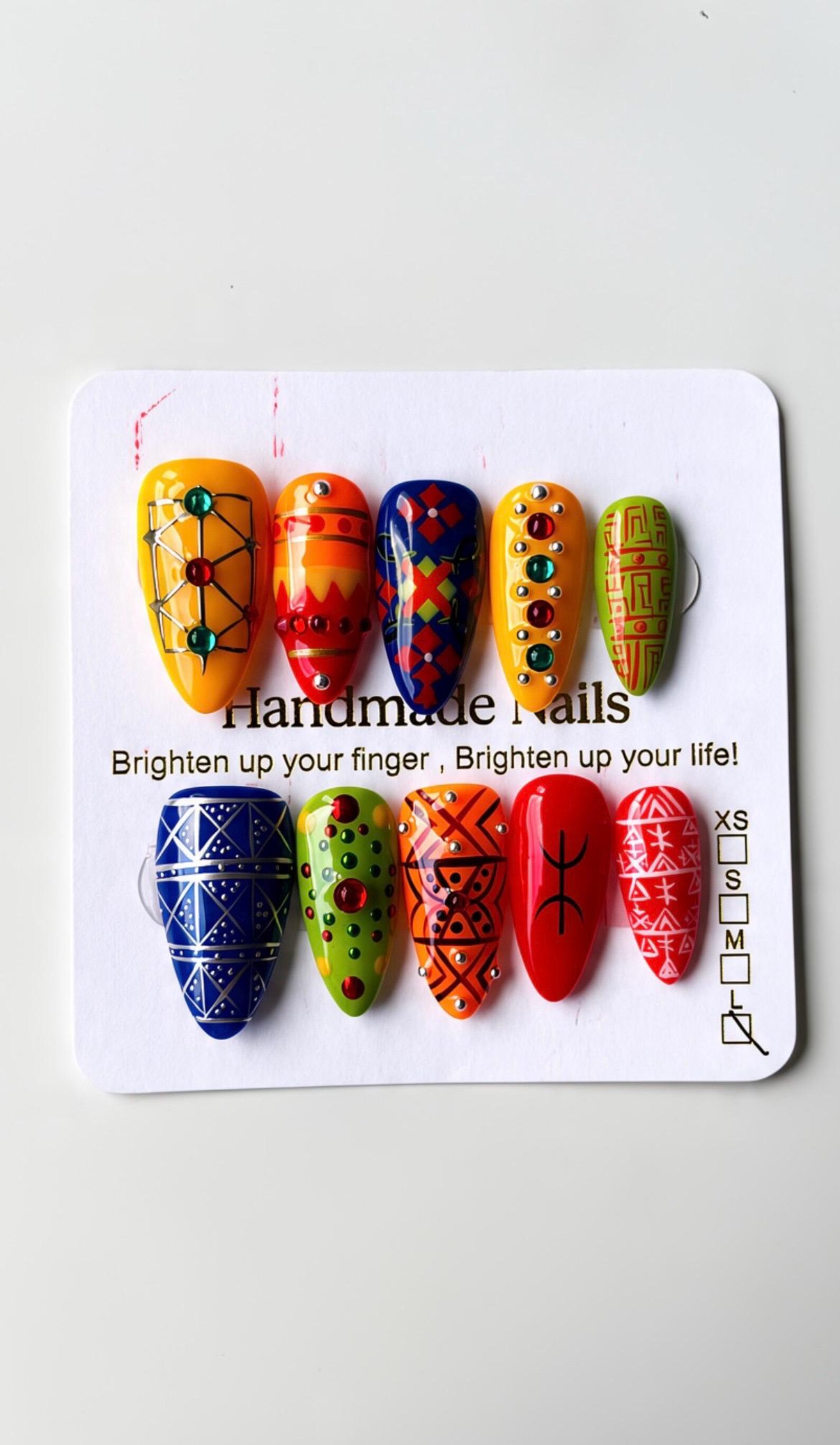 Amazigh Culture Press On Nails with Geometric Heritage Design