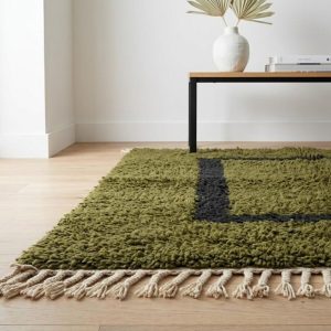 Modernist Berber Olive Green Boujaad Wool Rug Minimalist Frame Design