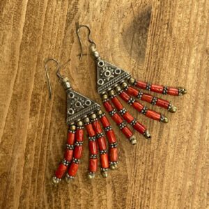 Berber Coral Drop Earrings with Silver Tribal Beaded Design
