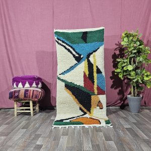 Berber Handmade Beige Colorful Geometric Wool Runner Rug