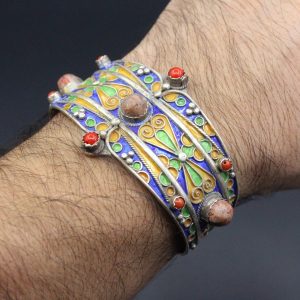 Berber Tuareg Sterling Coral Enamel Cuff Bracelet Jewelry