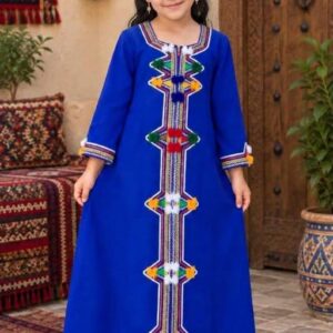 Amazigh Girls Traditional Kaftan Dress with Colorful Embroidery for Kids
