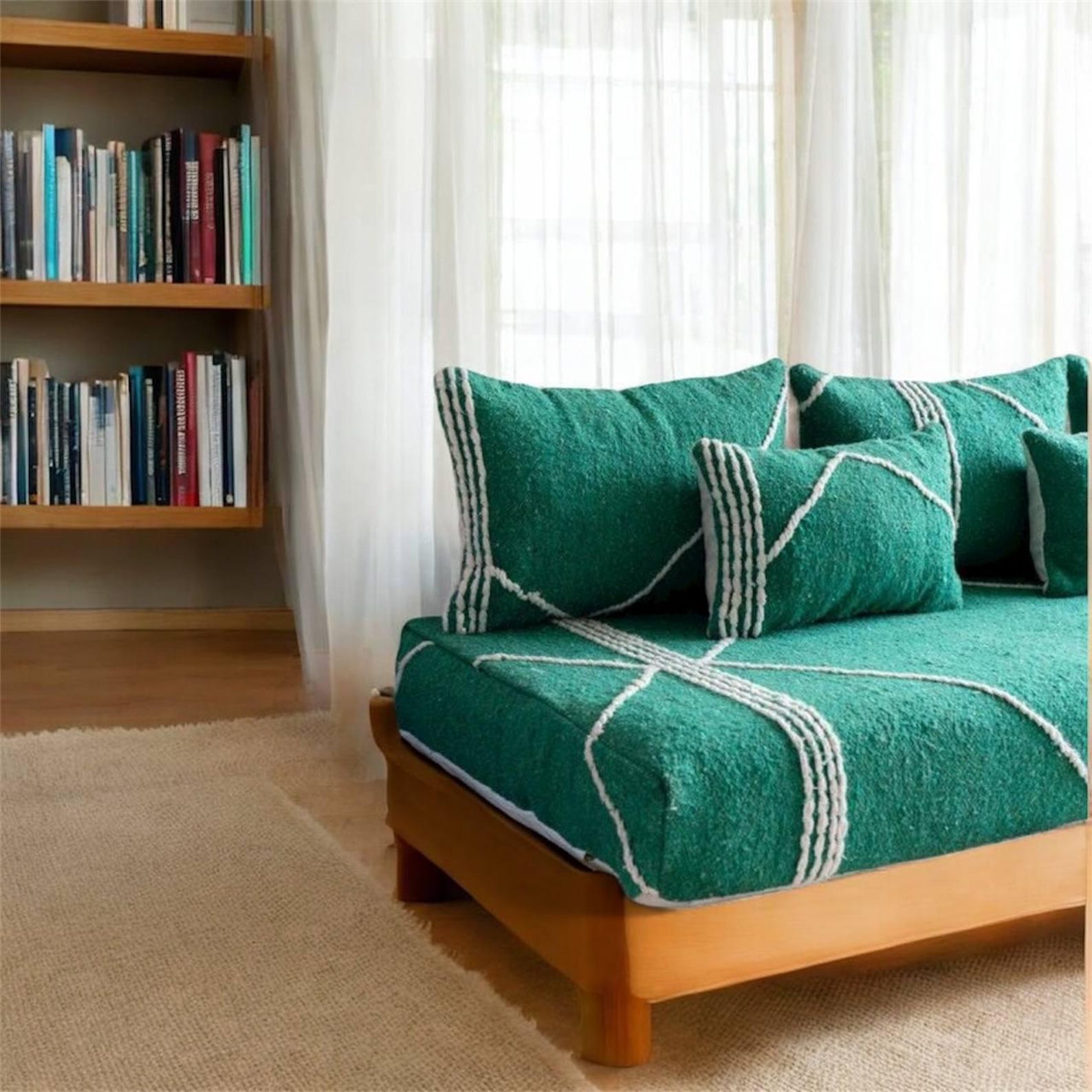 Berber Handmade Green Wool White Stripe Majlis Floor Sofa Pillow