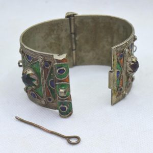 Berber Amazigh Enamel Cuff Bracelet with Red Cabochon Accents Pin Closure