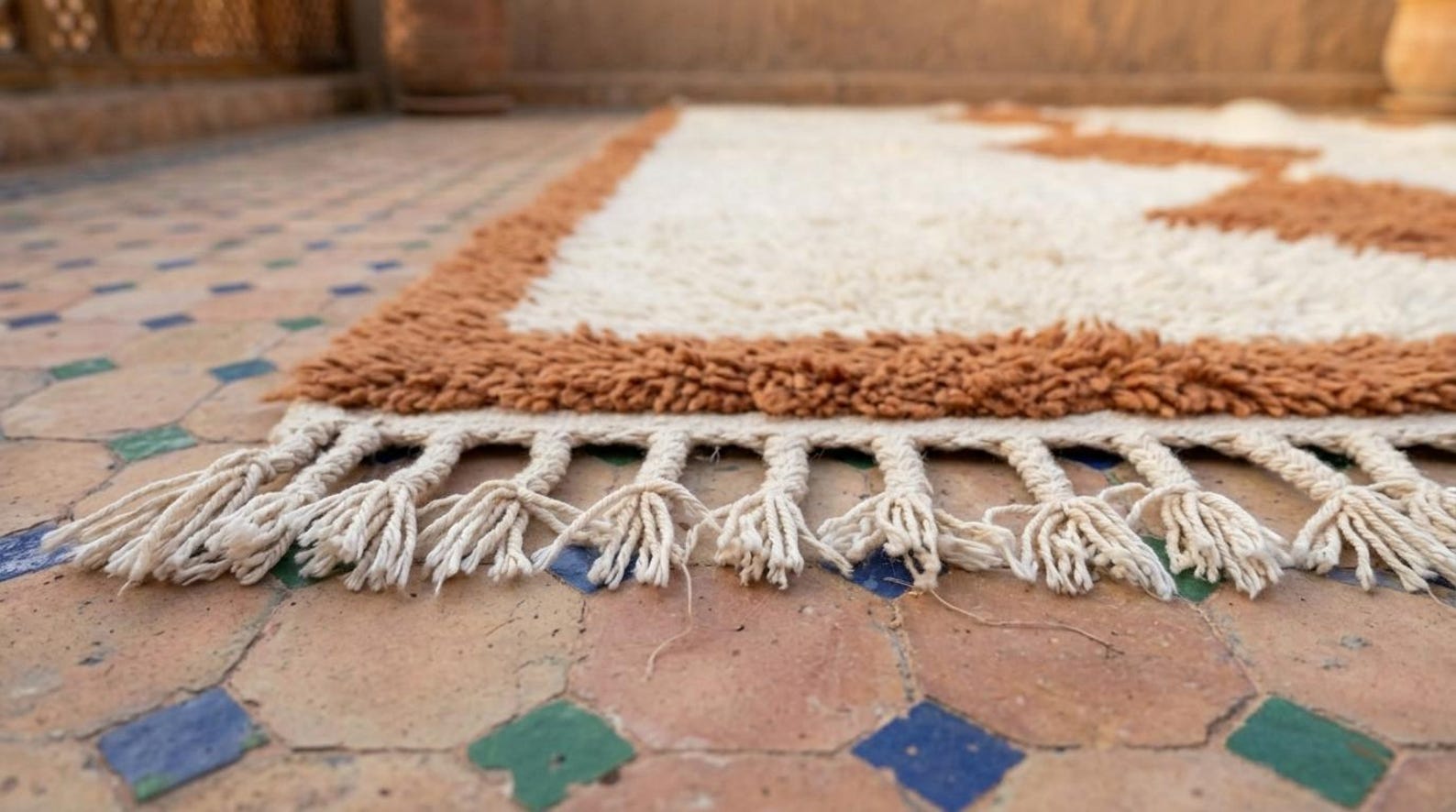 Handwoven Berber Beni Ourain Wool Rug Terracotta Diamond Area Rug