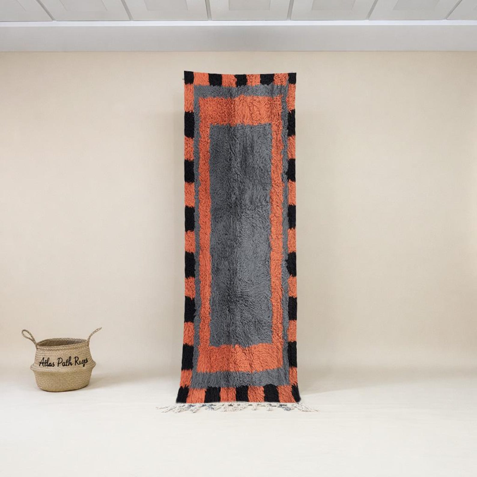 Berber Geometric Wool Runner Rug Gray Orange Black Border