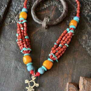 Berber Amazigh Tuareg Cross Pendant Necklace Coral Turquoise
