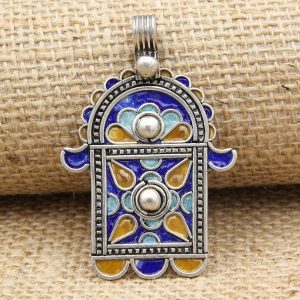 Berber Tuareg Hamsa Pendant Necklace with Sterling Silver Enamel Design