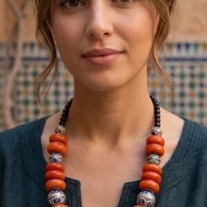 Vintage Amazigh Berber Handmade Red Bead Enameled Silver Necklace