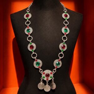 Amazigh Berber Red Green Stone Statement Necklace with Silver Tone Medallions