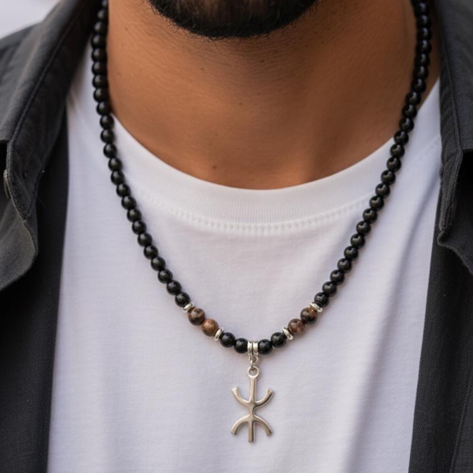 Amazigh Berber Tifinagh Yaz Tiger Eye Bead Necklace for Men