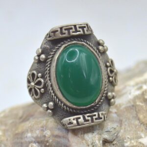 Amazigh Berber Green Agate Silver Statement Ring with Tribal Details