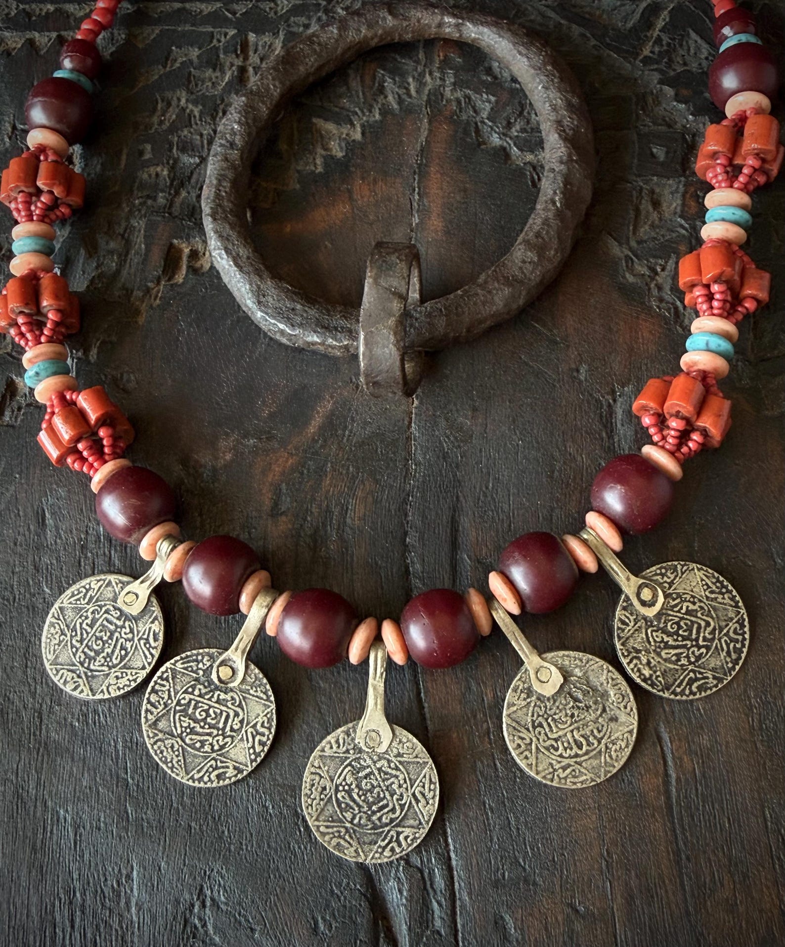Amazigh Berber Five Coin Beaded Artisan Traditional Necklace