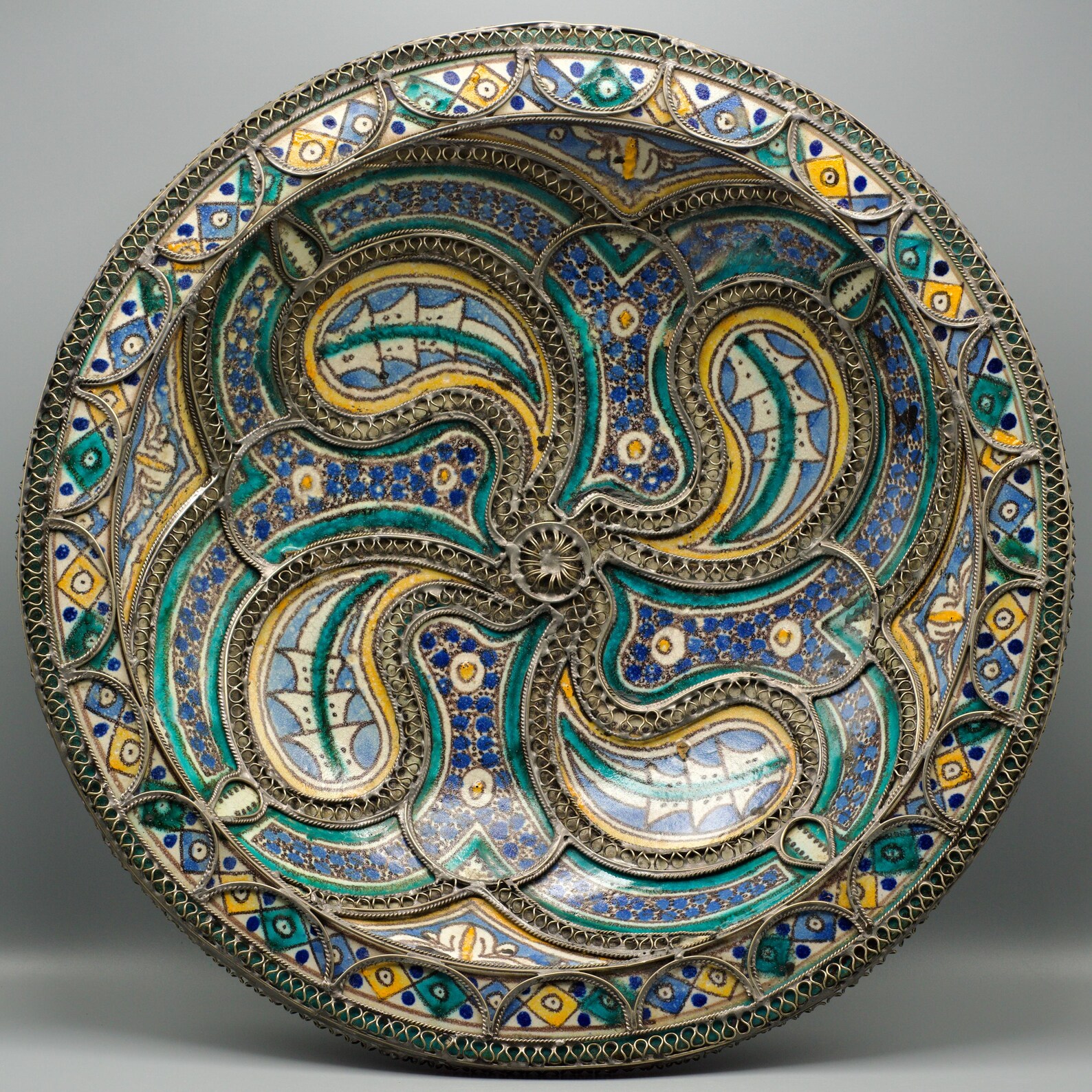 Antique Berber Amazigh Ceramic Plate with Silver Filigree