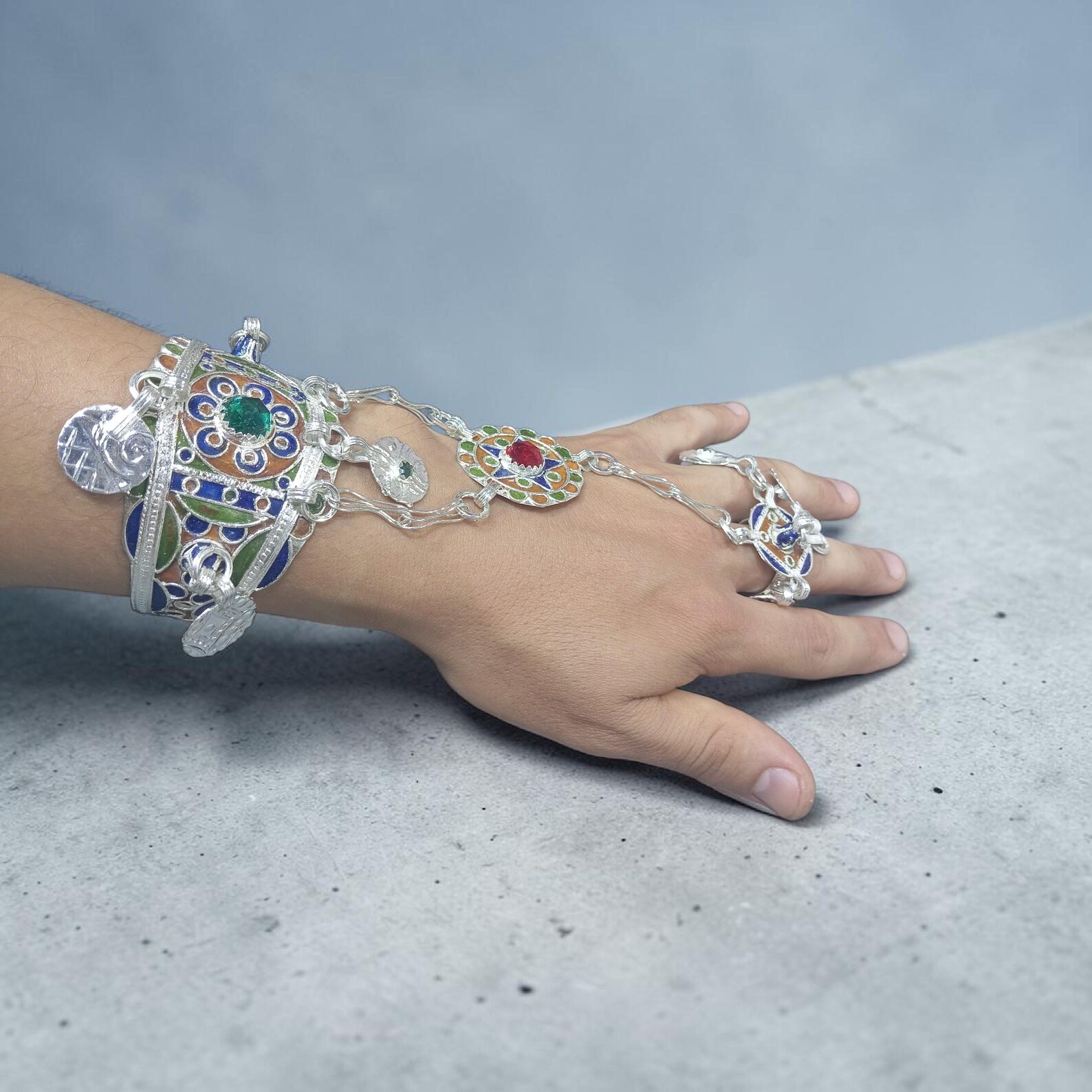 Amazigh Berber Adjustable Bracelet with Enamel Handpiece Ring Design
