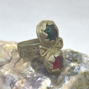 Amazigh Berber Silver Ring with Green Red Cabochon Stones