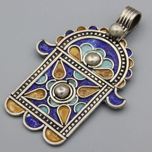 Berber Tuareg Hamsa Pendant Necklace with Sterling Silver Enamel Design