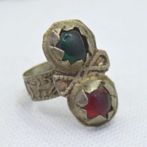 Amazigh Berber Silver Ring with Green Red Cabochon Stones