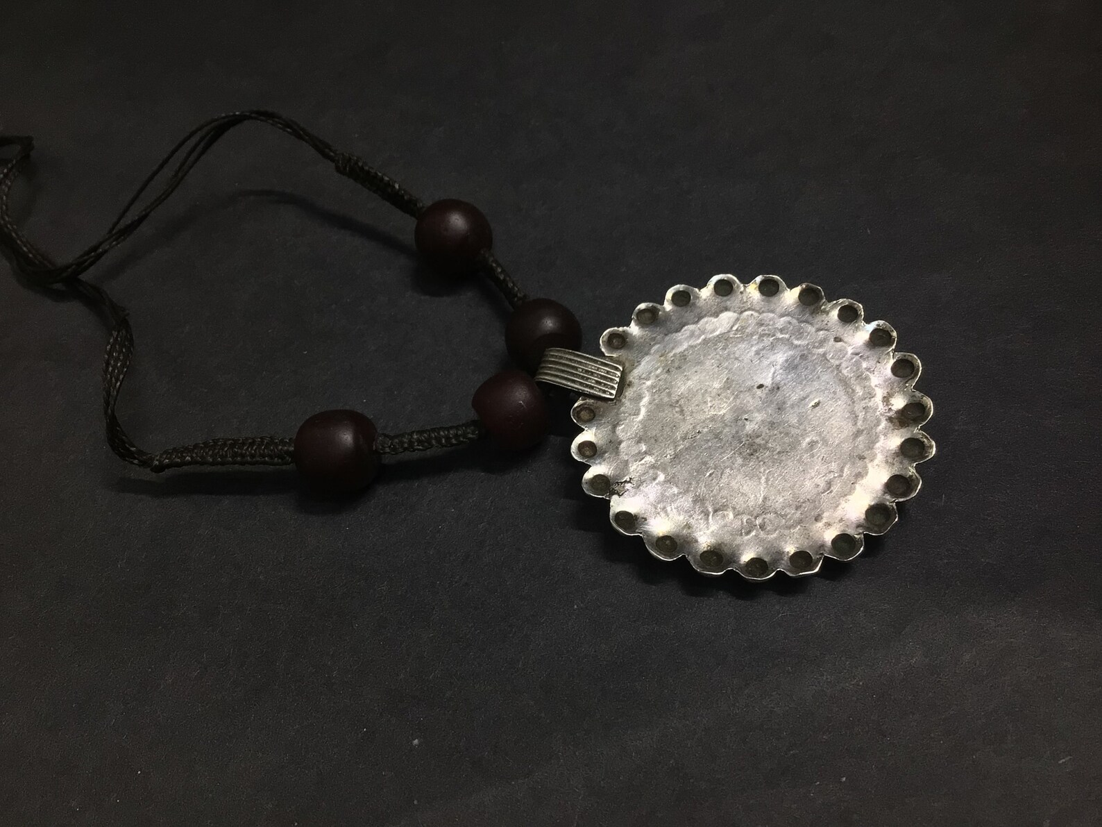 Berber Antique Silver Pendant Necklace with Dark Red Glass Beads