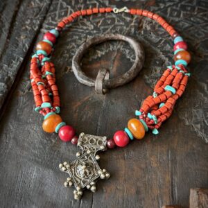 Berber Amazigh Croix de Boghdad Coral Turquoise Necklace