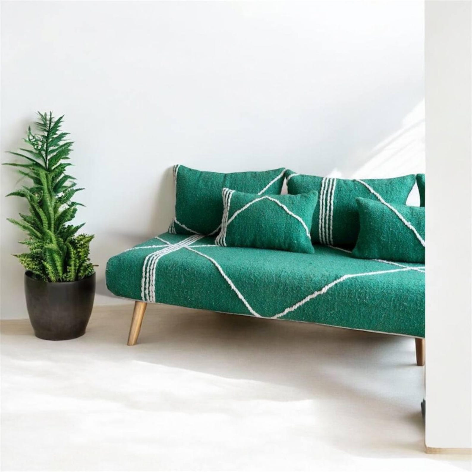 Berber Handmade Green Wool White Stripe Majlis Floor Sofa Pillow