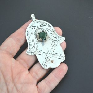 Berber Hamsa Khamsa Silver Pendant Necklace with Green Glass