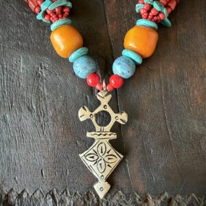 Berber Amazigh Tuareg Cross Pendant Necklace Coral Turquoise