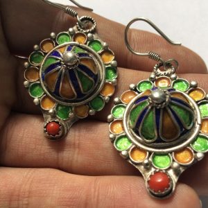 Berber Enamel Silver Earrings with Natural Coral Jewelry Design