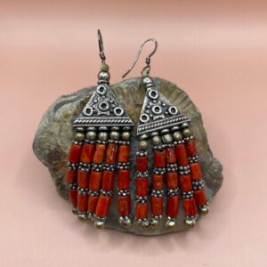Berber Coral Drop Earrings with Silver Tribal Beaded Design