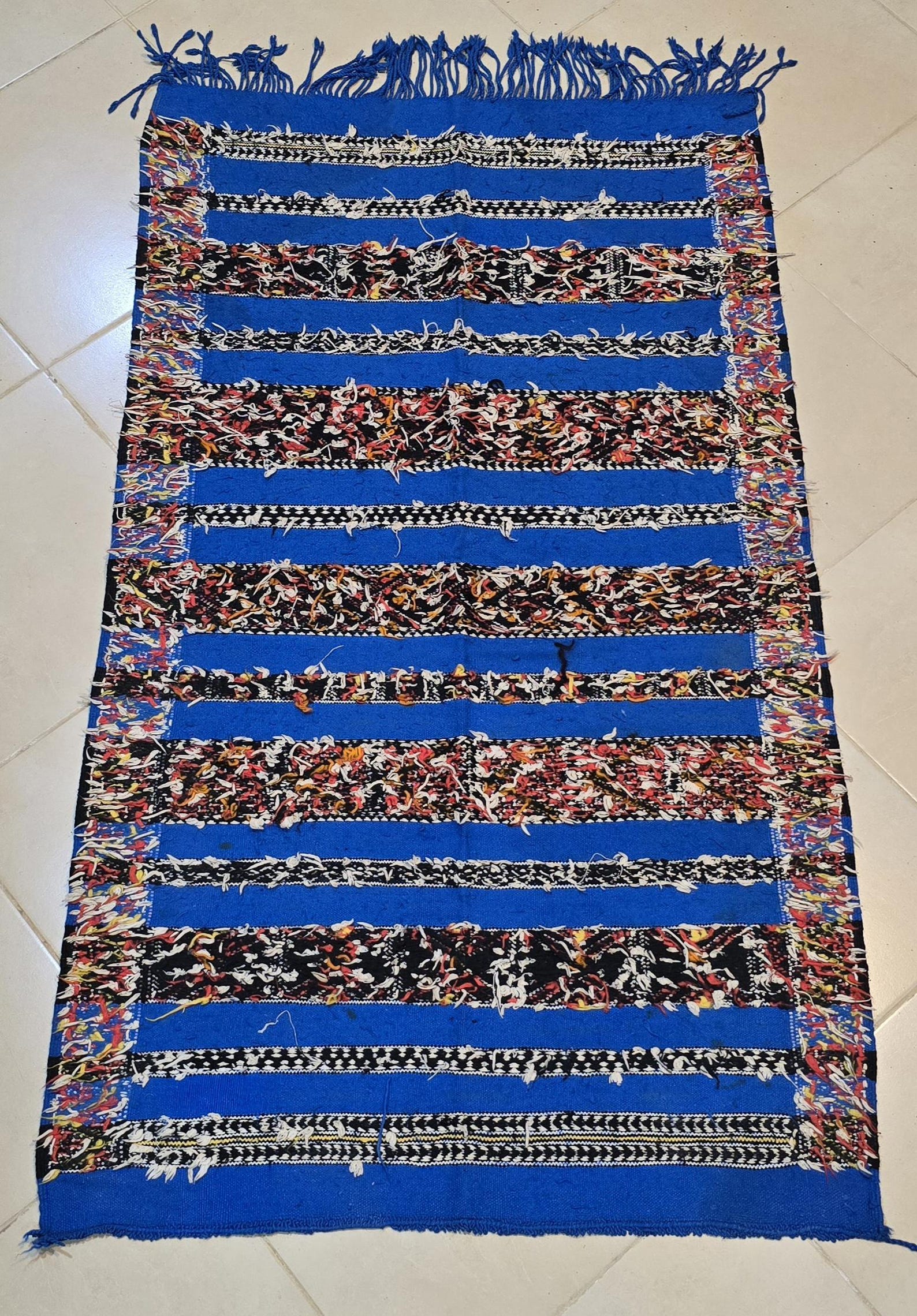Amazigh Middle Atlas Vintage Blue Kilim Rug with Symbolic Designs