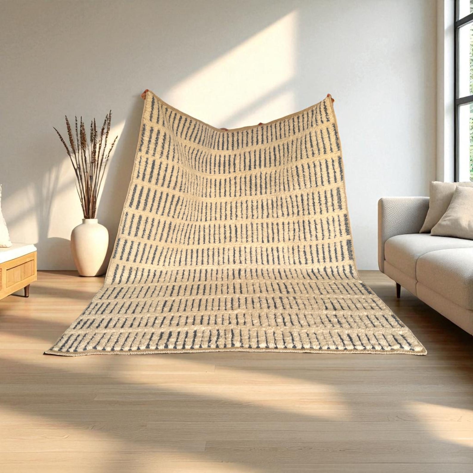Amazigh Berber Yaz White Wool Rug with Striped Geometric Design