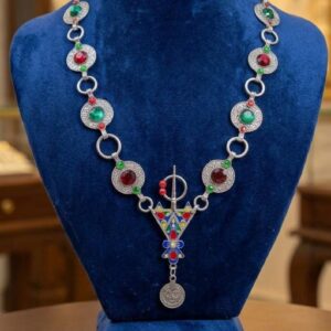 Amazigh Berber Red Green Stone Enamel Pendant Statement Necklace