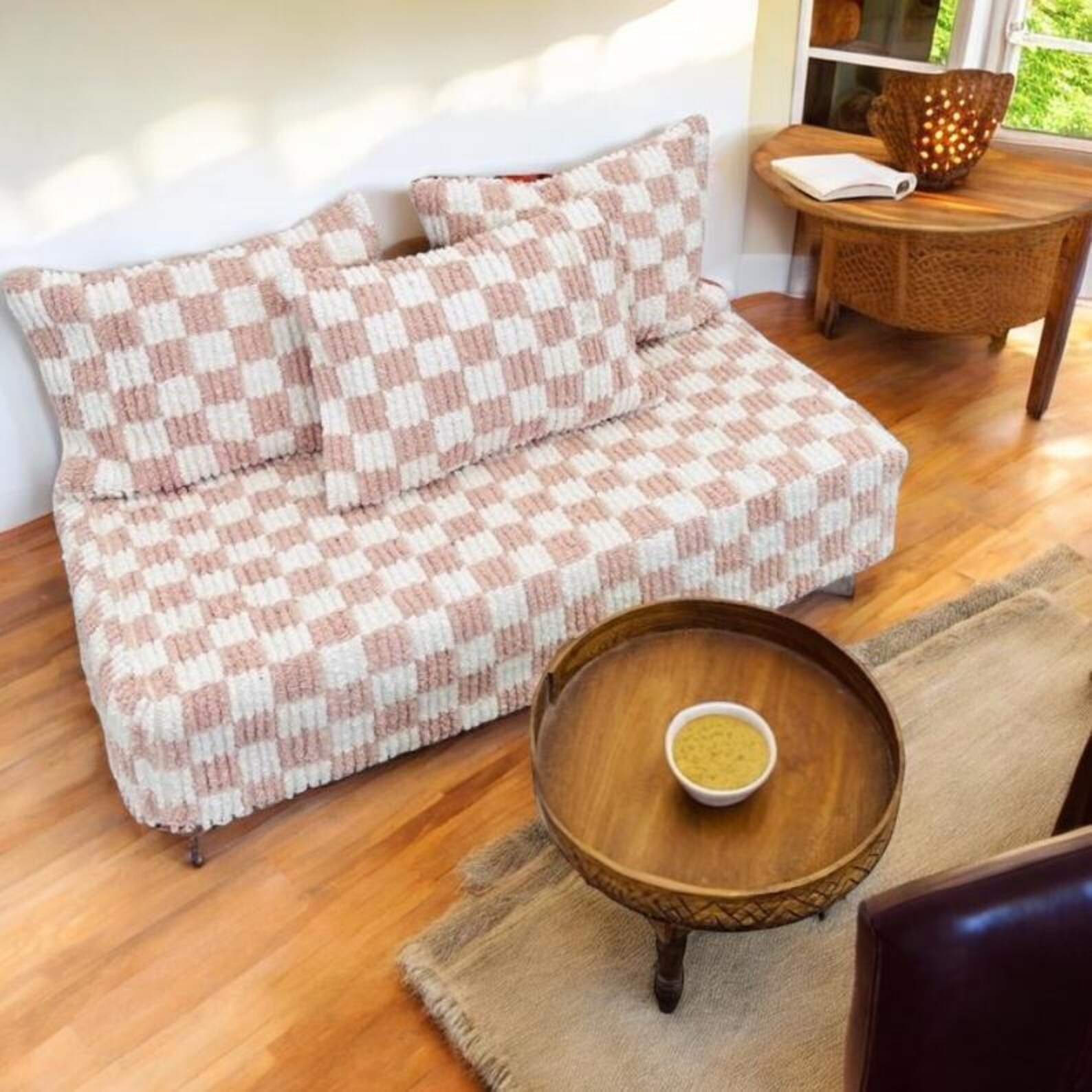 Amazigh Pink Checkerboard Handwoven Floor Rug with Camel Motif