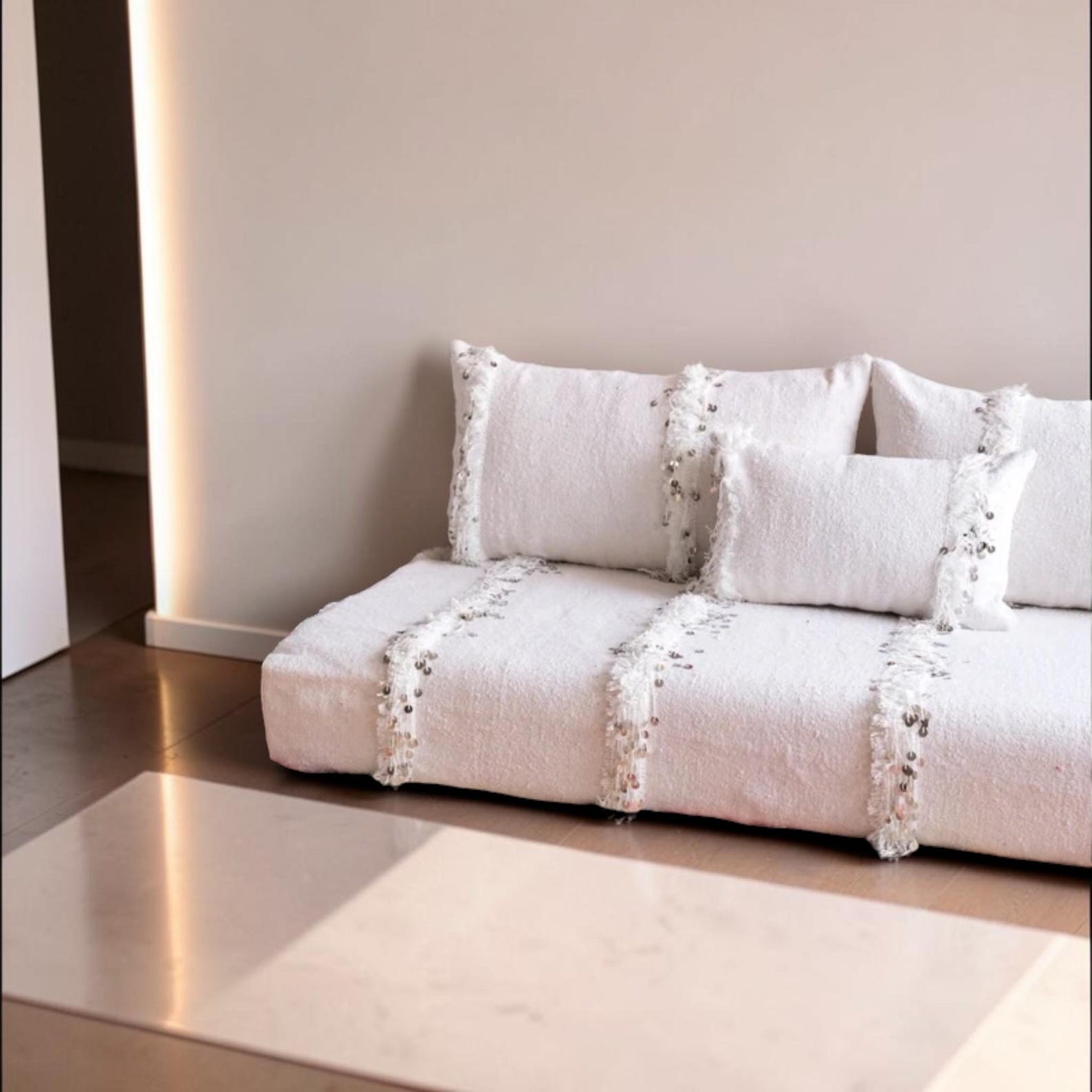 Berber Handmade White Geometric Floor Sofa Seating Pouf