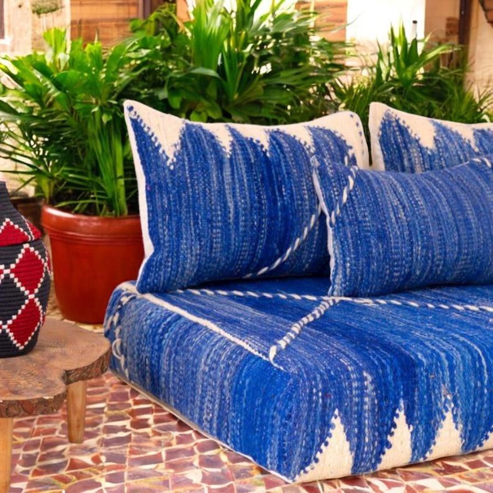 Berber Zanafi Wool Blue Gradient Pouf Majlis Seating