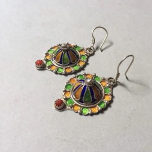 Berber Enamel Silver Earrings with Natural Coral Jewelry Design
