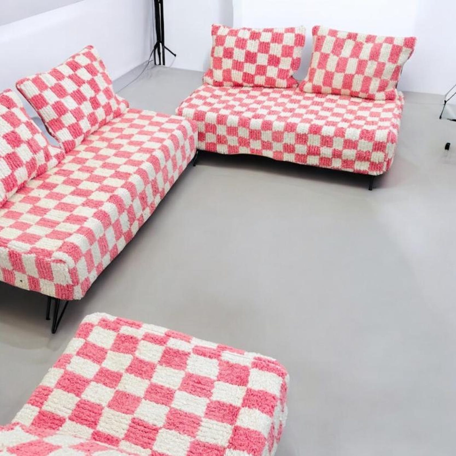Berber Pink Orange Checkerboard Floor Sofa Pouf Seating