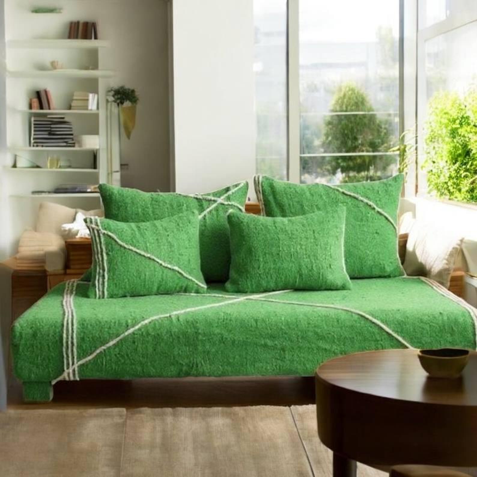 Berber Neon Green Zanafi Pouf with White Stripe Floor Sofa Design
