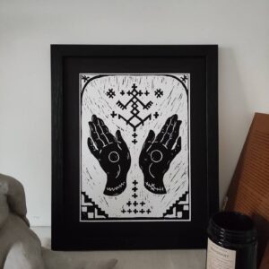 Amazigh Berber Palme and Protective Hands Linocut Print