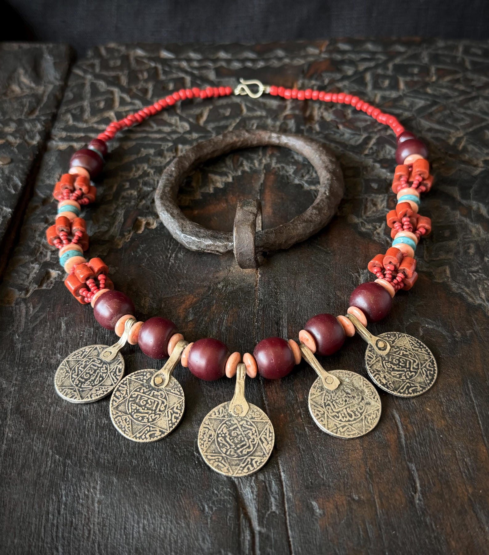 Amazigh Berber Five Coin Beaded Artisan Traditional Necklace