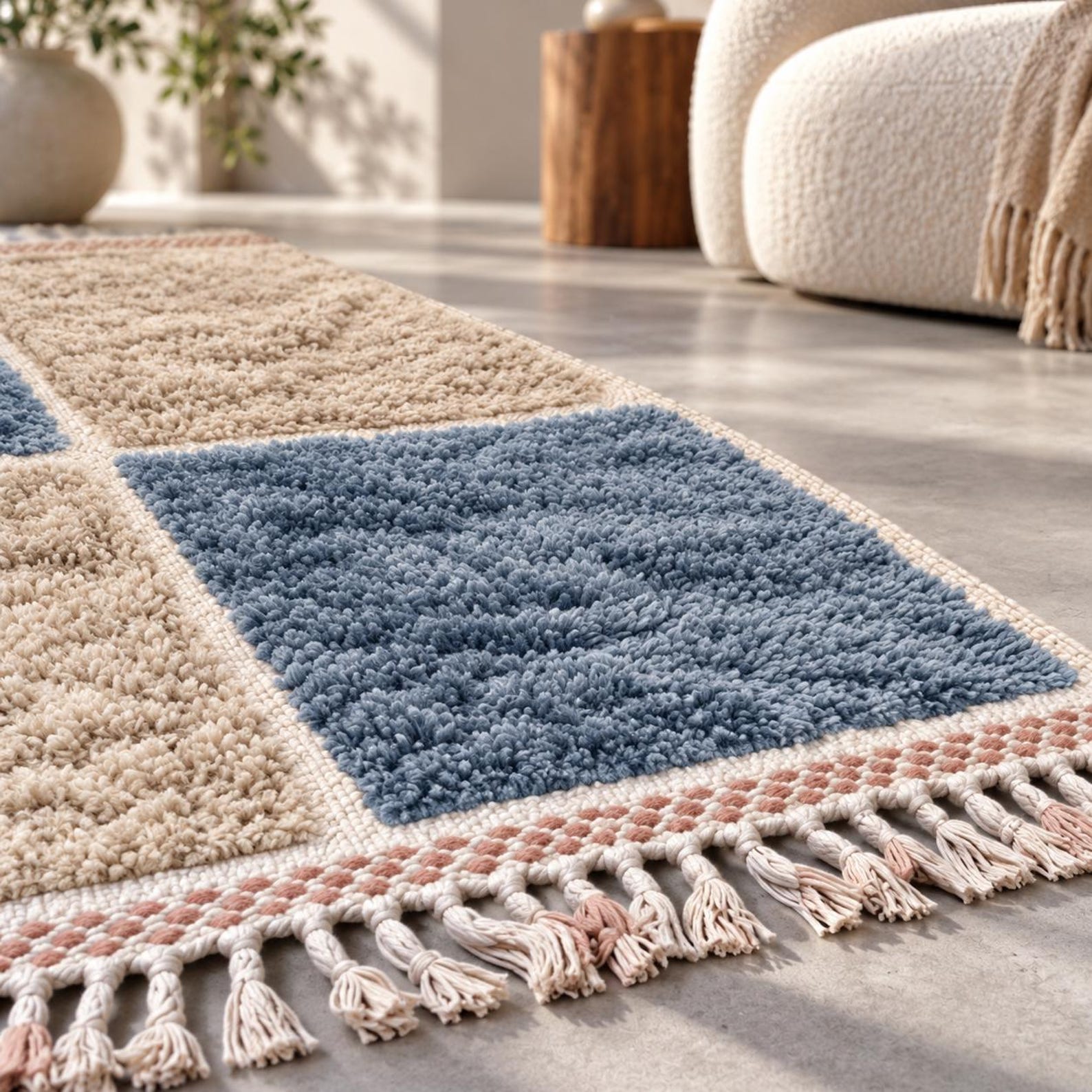 Berber Handmade Shag Four-Block Wool Rug Custom Size