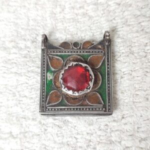 Amazigh Berber Antique Silver Glass Enamel Pendant Necklace Charm
