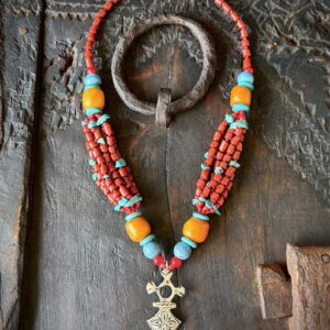 Berber Amazigh Tuareg Cross Pendant Necklace Coral Turquoise